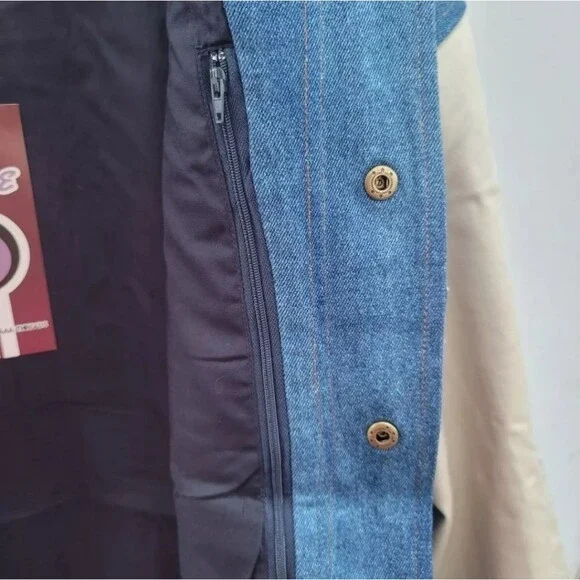 First Choice VTG 1990s Men's Premium Denim Varsity Bomber Jean Jacket Blue NWT - Picture 3 of 16